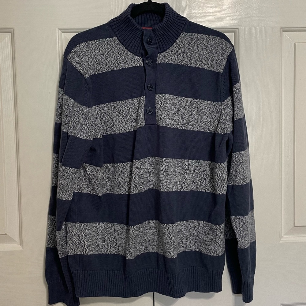 Izod Men’s Half Button Mock Neck Striped Sweater, Heather Gray & Navy, XL